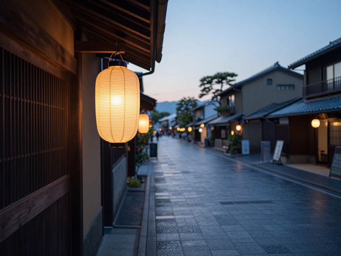 Early Morning Fukuoka Street Scene with Paper Lantern and Porcelain Plate in in Fukuoka, Japan