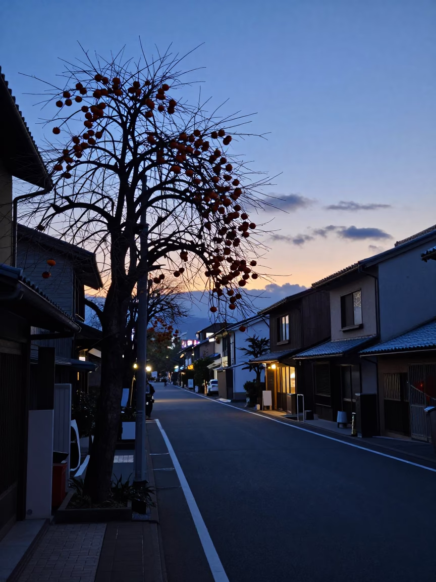 Early Morning Fukuoka Street Scene with Persimmons and Local Vendor Before Dawn in in Fukuoka, Japan