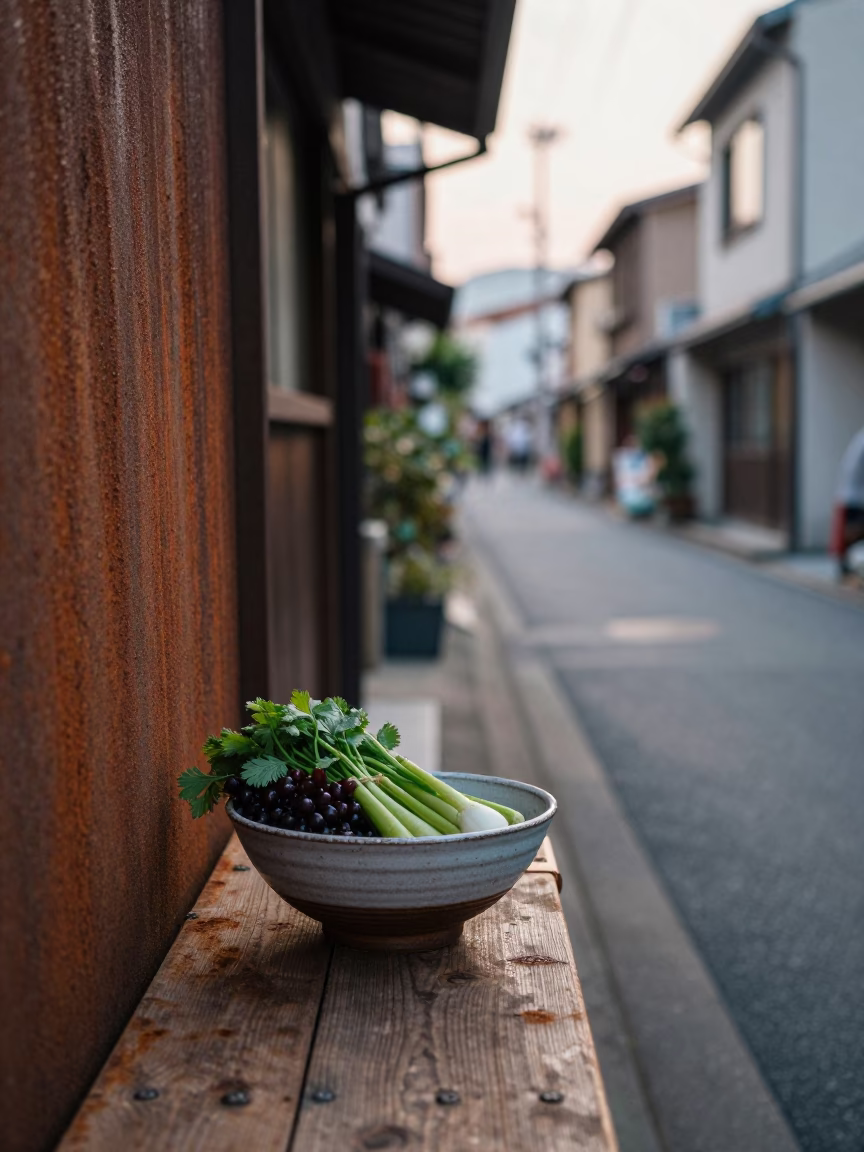 Early Morning Fukuoka Street Scene with Rusty Sill and Ceramic Bowl in in Fukuoka, Japan