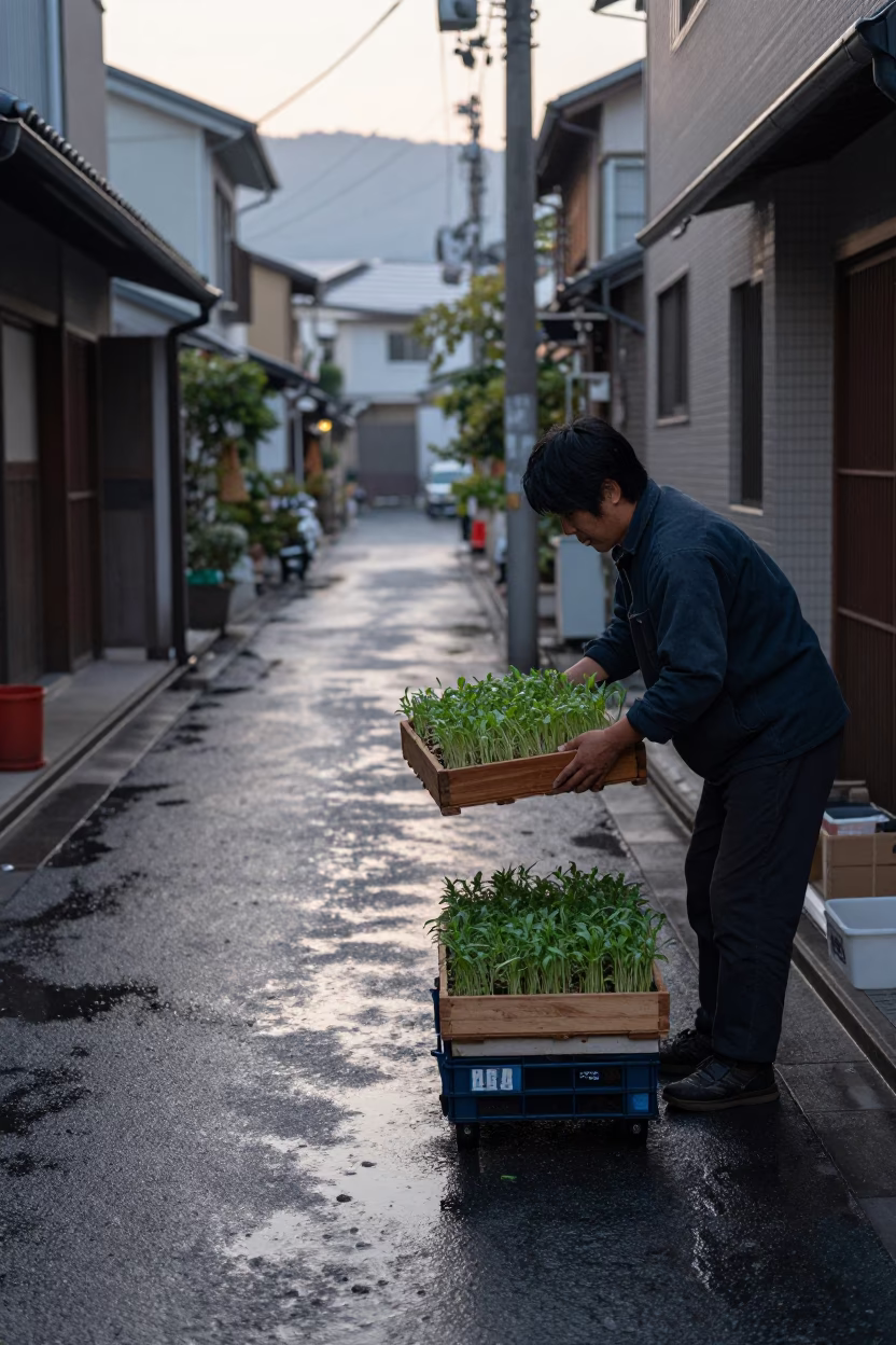 Early Morning Fukuoka Street Scene with Seed Tray and Glass Display Cabinet in in Fukuoka, Japan