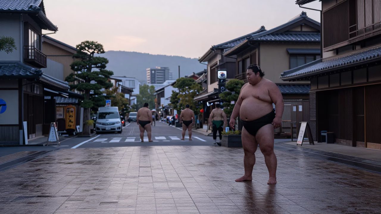 Early Morning Fukuoka Street Scene with Sumo Wrestler and Grease Sheen on Tile in in Fukuoka, Japan