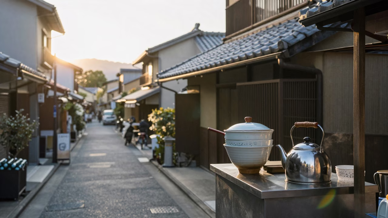 Early Morning Fukuoka Street Scene with Traditional Tea Strainer and Local Morning Routine in in Fukuoka, Japan