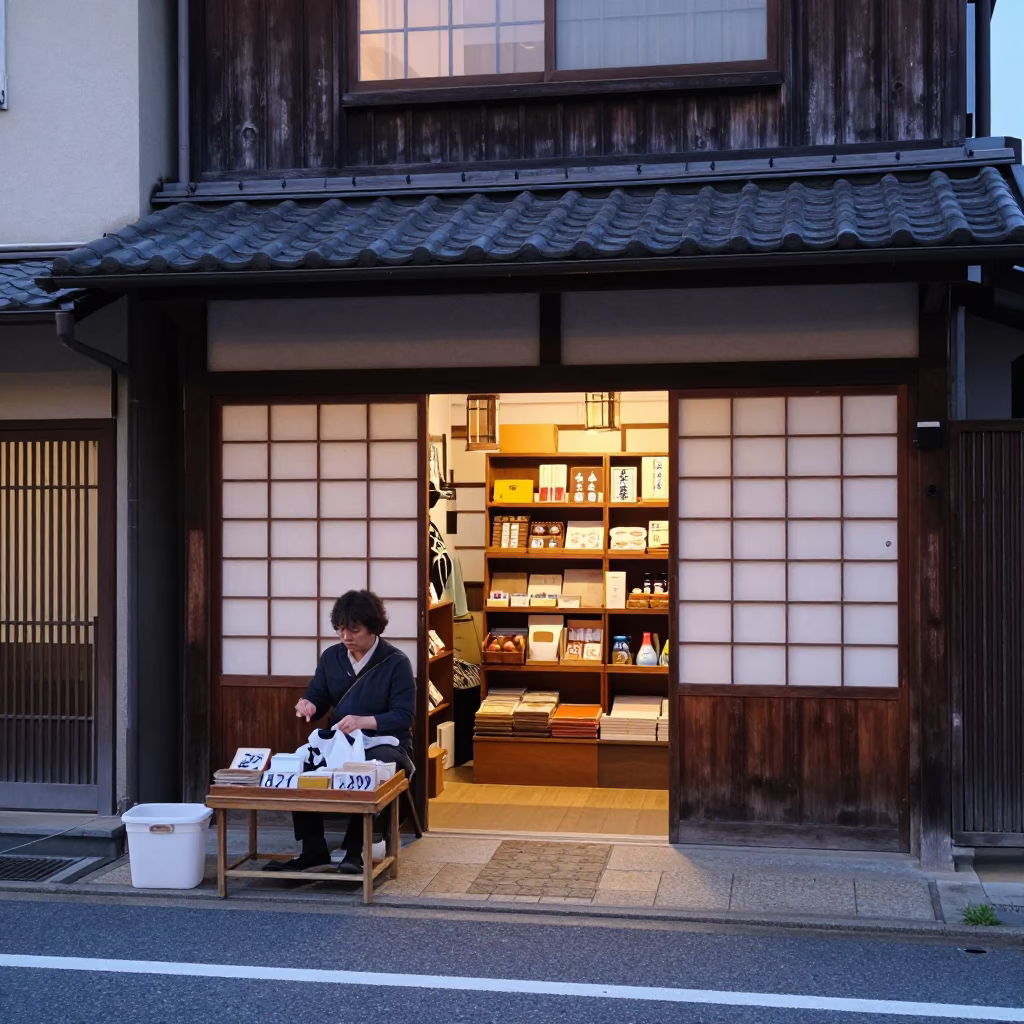 Early Morning Fukuoka Street Scene with Vendor and Local Market Activity in in Fukuoka, Japan