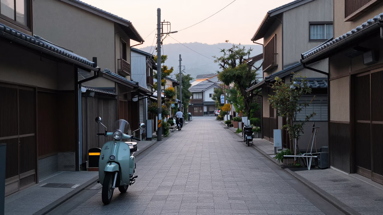Early Morning Fukuoka Street Scene with Vintage 1950s Motorcycle and Local Shopfronts in in Fukuoka, Japan