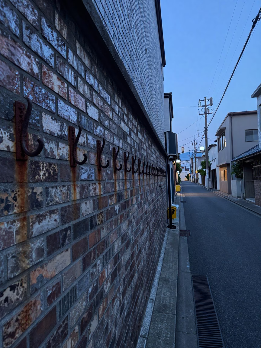 Early Morning Fukuoka Street Scene with Wall Hooks and Urban Details Before Dawn in in Fukuoka, Japan