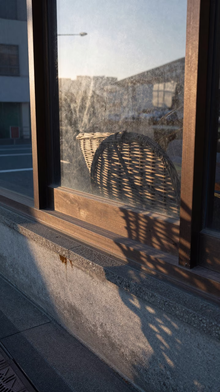 Early Morning Fukuoka Street Scene with Wicker Shadow and Grease Sheen on Sill in in Fukuoka, Japan