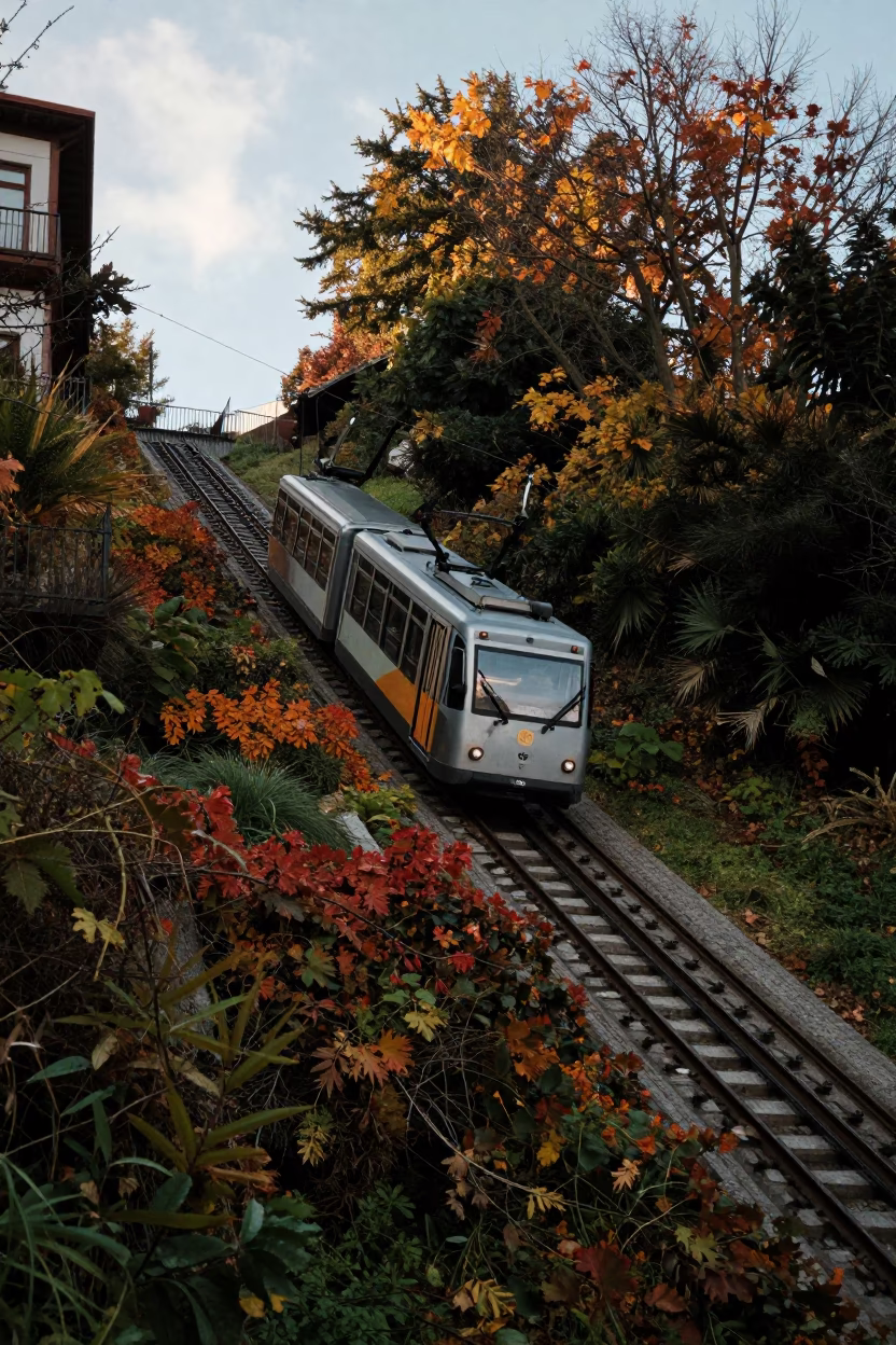 Early Morning Funicular Ascending Artxanda Hill in Bilbao Spain with Autumn Foliage in in Bilbao, Spain