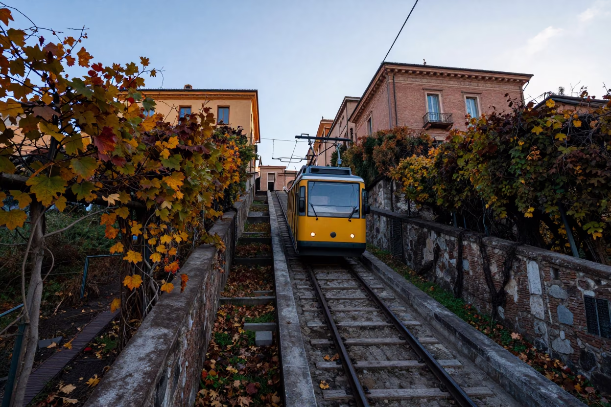 Early Morning Funicular Ascent in Bologna Italy with Autumn Vines and Street Life in in Bologna, Italy