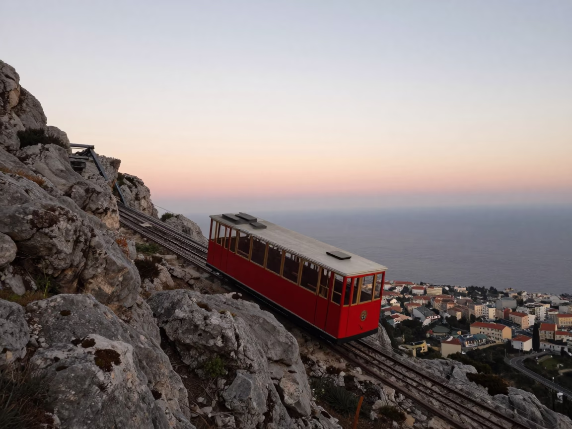 Early Morning Funicular Ascent in Nice France Before Sunrise with Vintage Atmosphere in in Nice, France