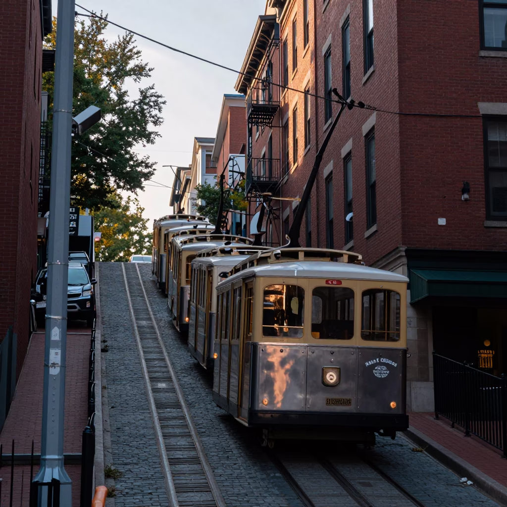 Early Morning Funicular Climb in Boston Massachusetts with Local Street Scene in in Boston, Massachusetts, United States