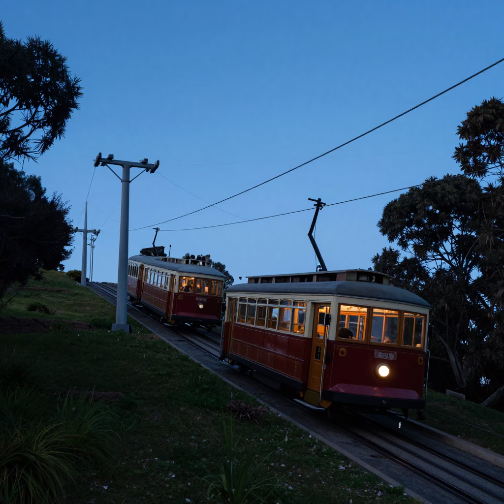 Early Morning Funicular Climb Up North Terrace Hill in Pre-Dawn Adelaide in in Adelaide, South Australia, Australia