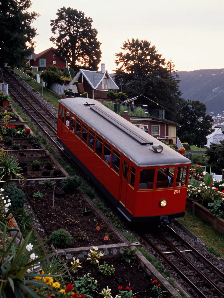 Early Morning Funicular Ride Through Steep Terraced Gardens in Bergen Norway in in Bergen, Norway