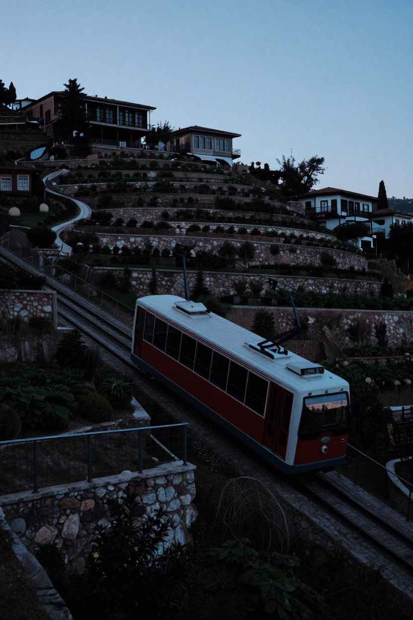 Early Morning Funicular Ride Through Terraced Gardens in Izmir Turkey Before Sunrise in in Izmir, Turkey