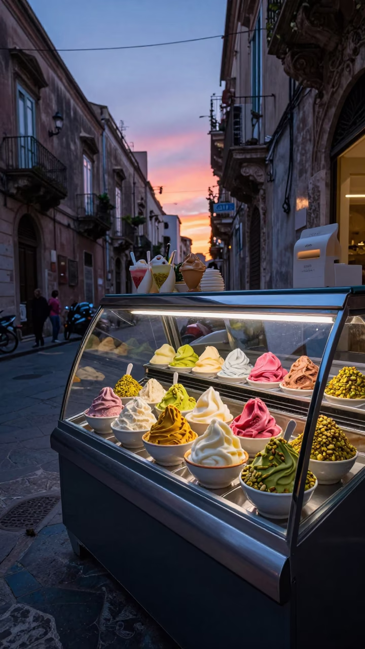 Early Morning Gelato Shop in Palermo Italy Before Sunrise with Colorful Display in in Palermo, Italy