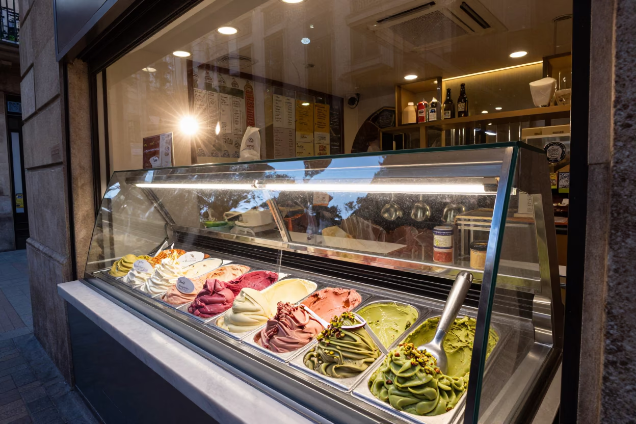 Early Morning Gelato Shop Window Display in Barcelona Spain in in Barcelona, Spain