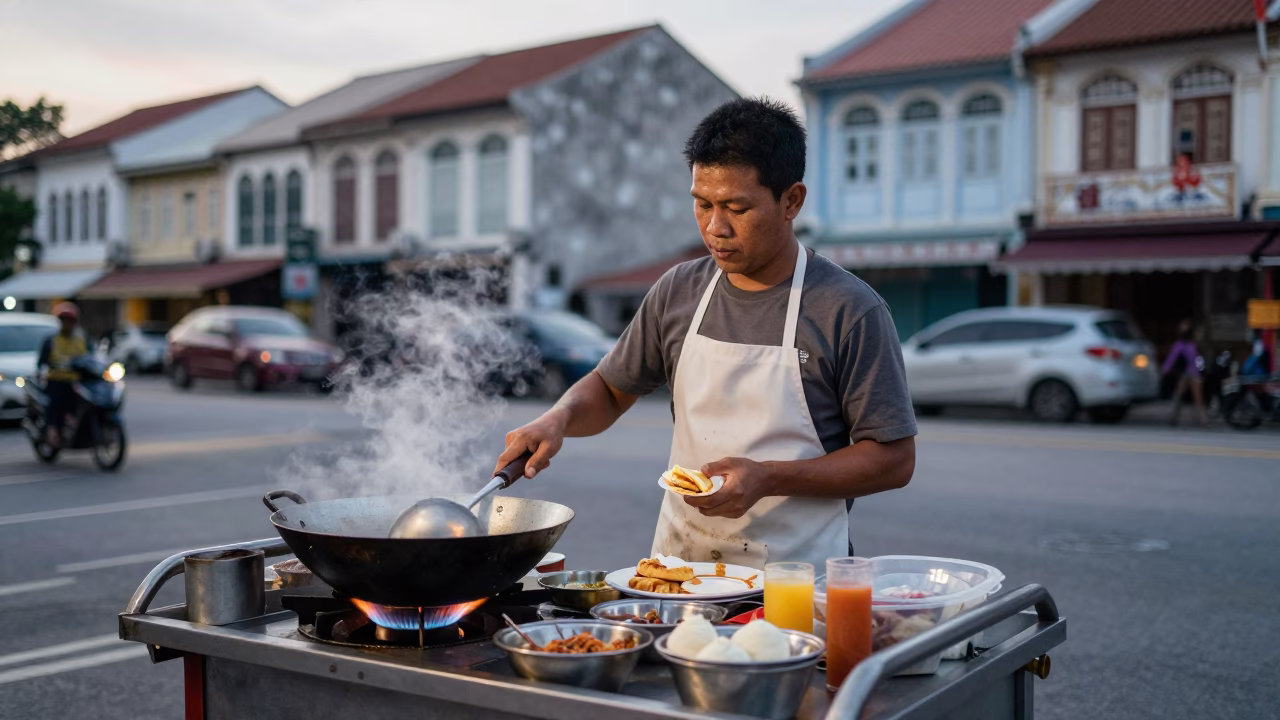 Early Morning George Town Malaysia Street Food Vendor Preparing Breakfast Before Dawn in in George Town, Malaysia