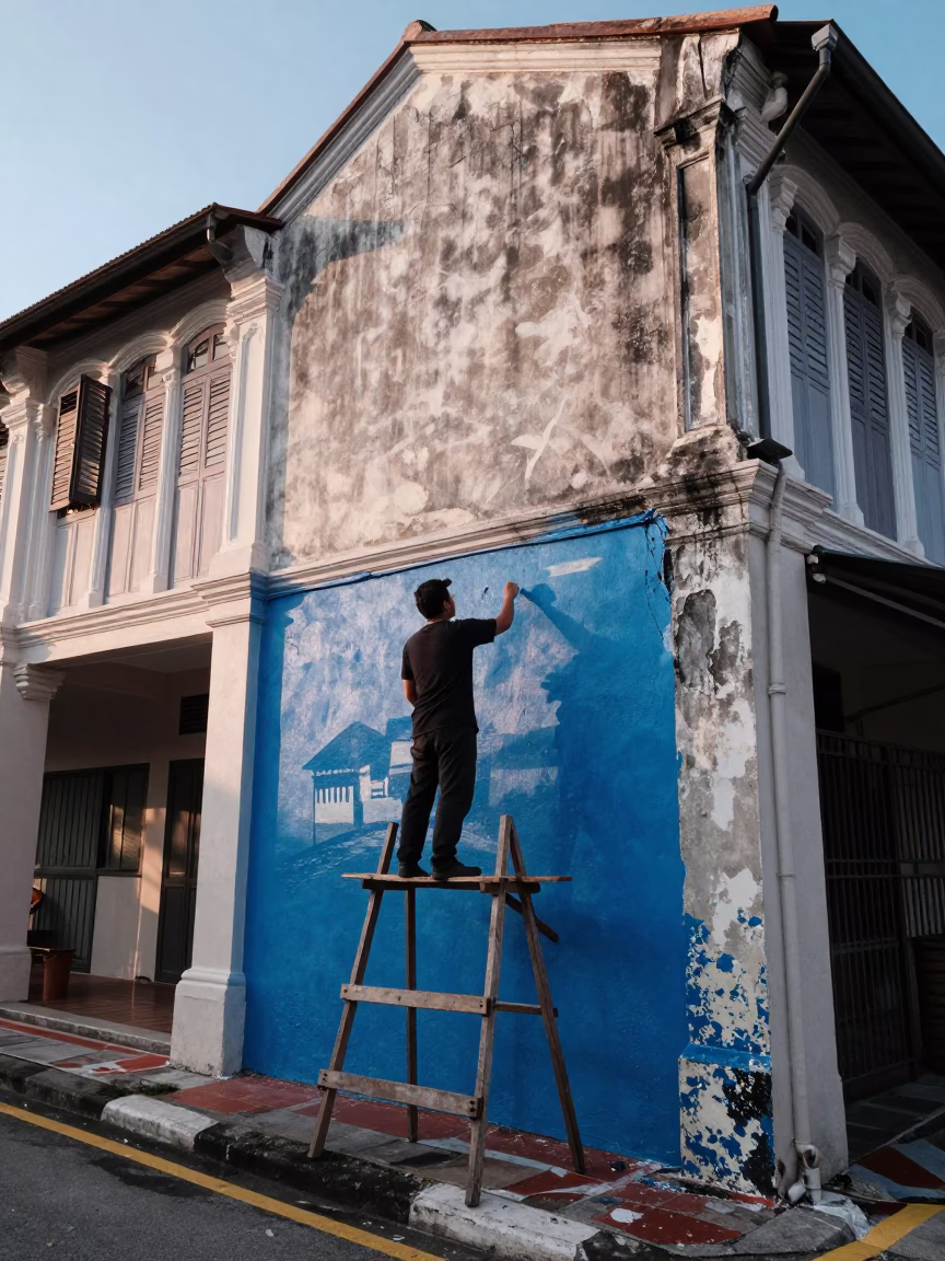 Early Morning George Town Malaysia Street Mural Painting Scene in in George Town, Malaysia