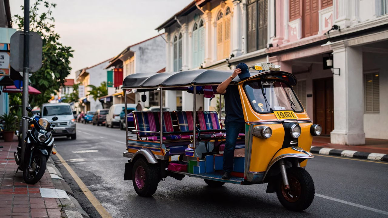 Early Morning George Town Malaysia Street Scene with Tuk-Tuk and Shophouses in in George Town, Malaysia