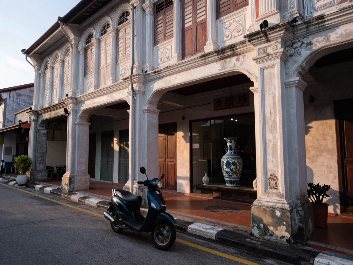 Early Morning George Town Malaysia Street Scene with Vintage Motorbike and Delft Pottery Detail in in George Town, Malaysia