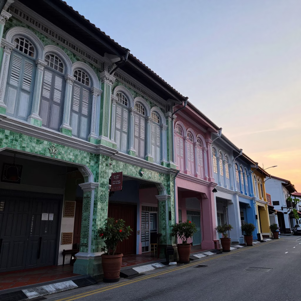 Early Morning George Town Street Scene with Colorful Shophouses and Local Market Activity in in George Town, Malaysia