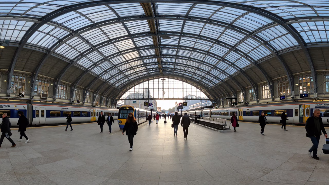 Early Morning Glass Steel Train Station Liverpool United Kingdom Arched Roof Realistic Photograph in in Liverpool, United Kingdom