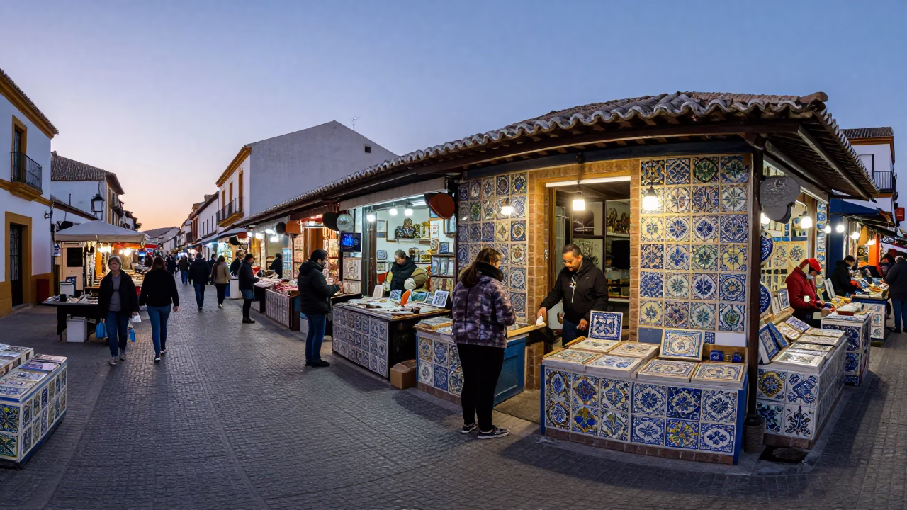 Early Morning Granada Market Stalls with Colorful Tiles and Local Commerce in in Granada, Spain