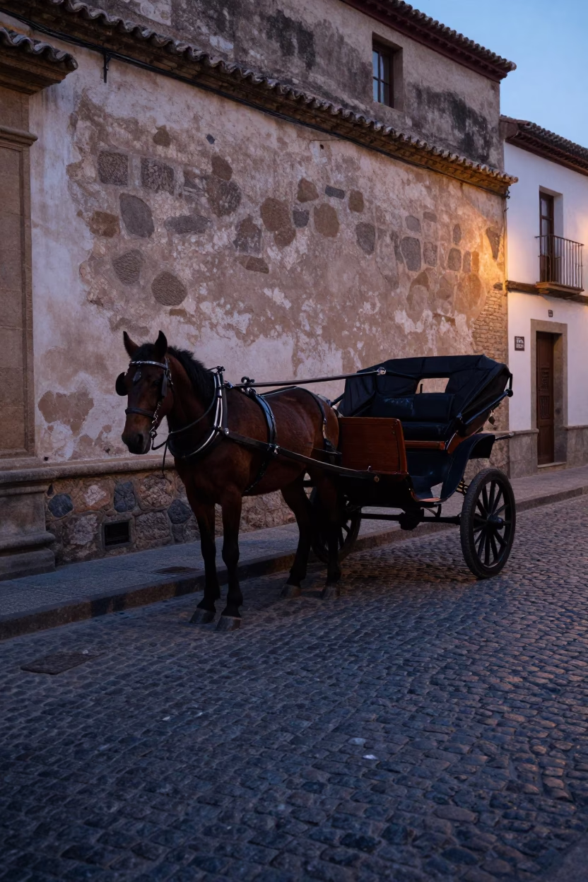 Early Morning Granada Spain Cobblestone Street Before Dawn with Horse Drawn Cart in in Granada, Spain