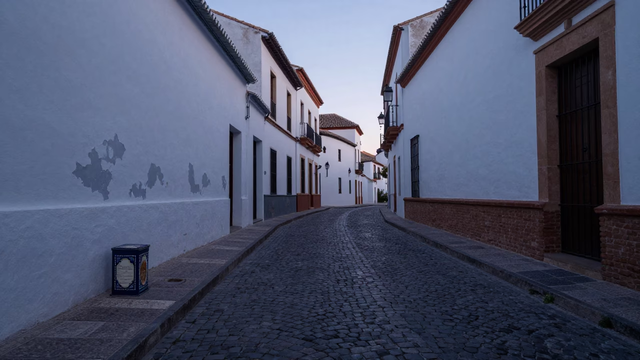 Early Morning Granada Spain Cobblestone Street with Vintage Biscuit Tin and Morning Light in in Granada, Spain