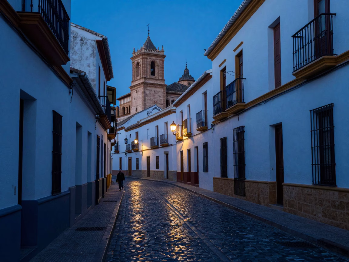 Early Morning Granada Spain Street Scene Before Dawn with Local Market Details in in Granada, Spain