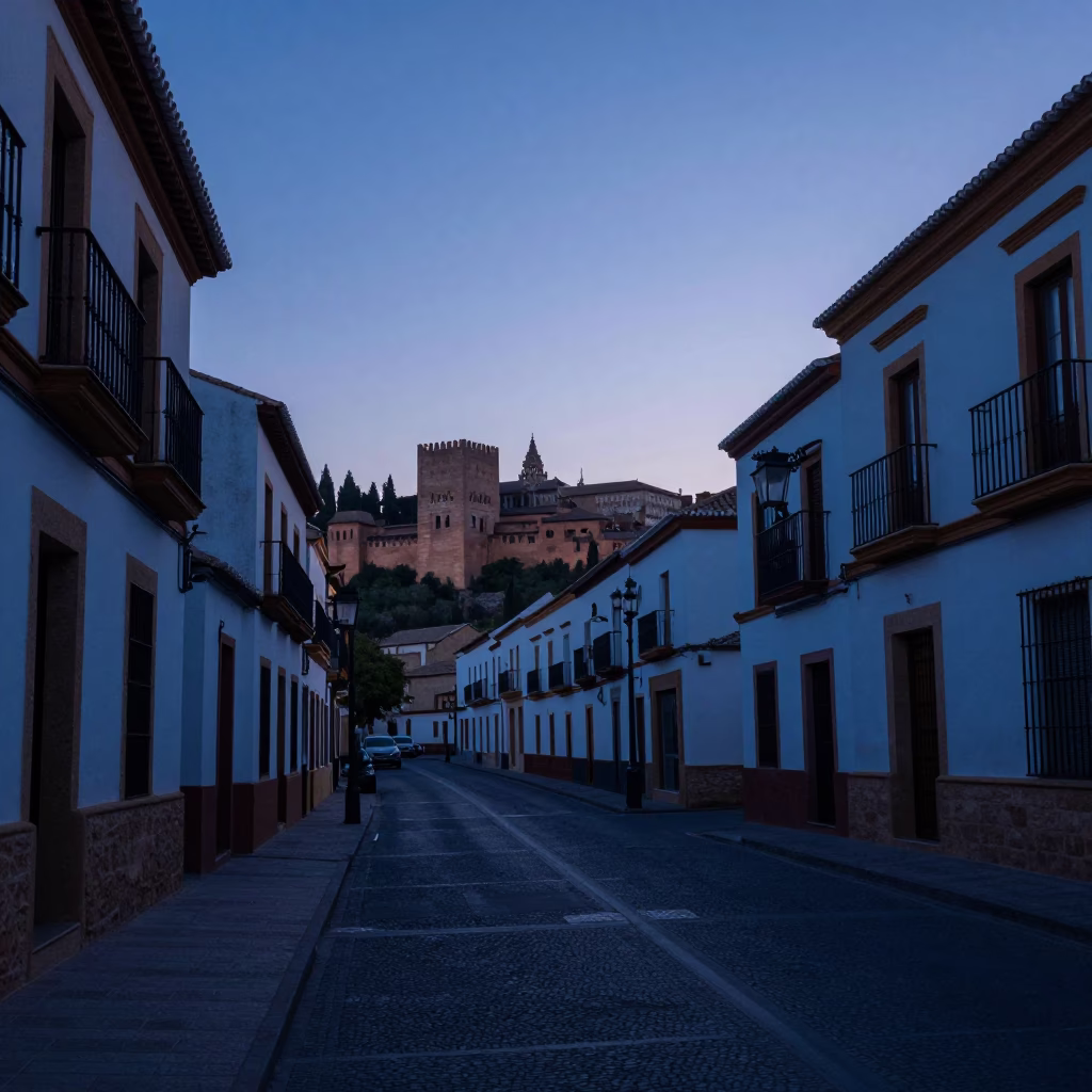 Early Morning Granada Spain Street Scene Before Sunrise with Local Market Elements in in Granada, Spain
