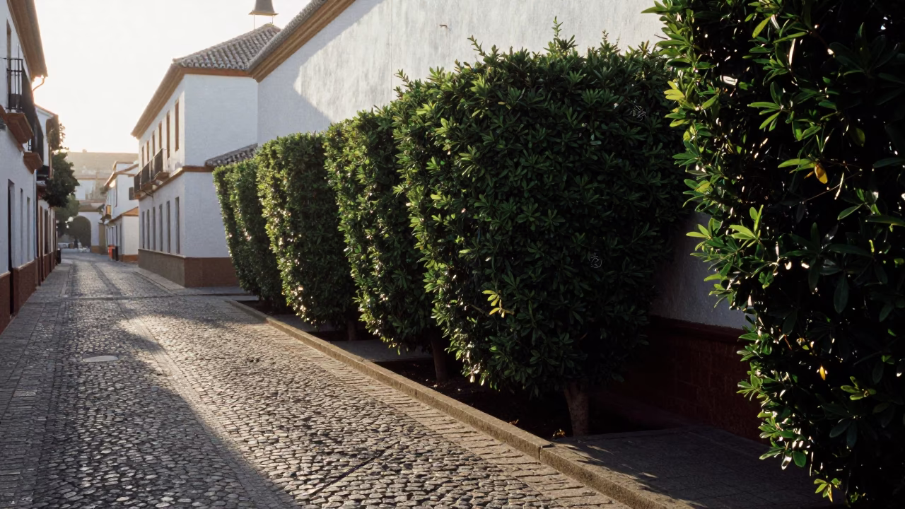 Early Morning Granada Spain Street Scene with Boxwood Hedges and Fallen Petals in in Granada, Spain
