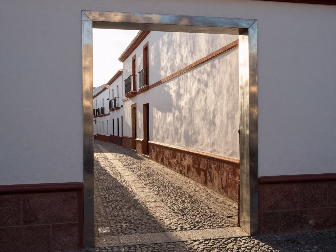 Early Morning Granada Spain Street Scene with Brushed Steel Doorframe and Wet Puddle Reflections in in Granada, Spain
