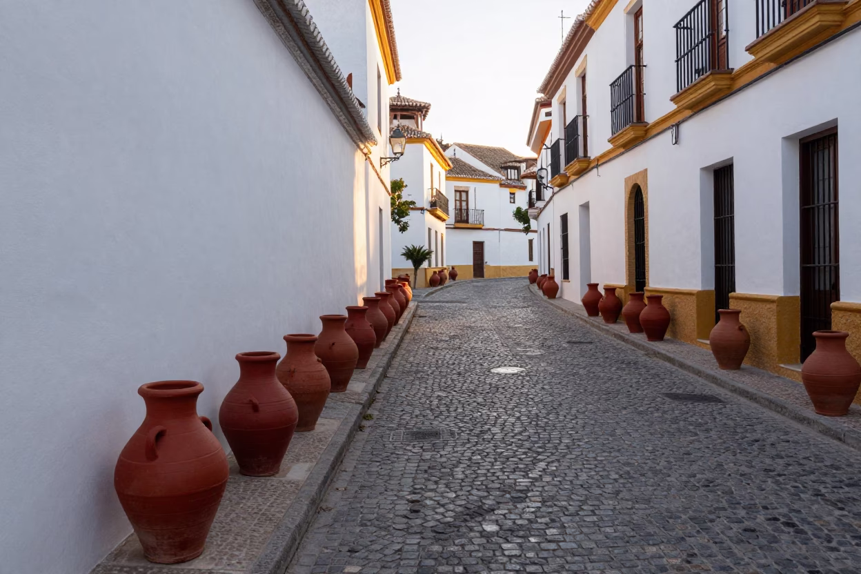 Early Morning Granada Spain Street Scene with Clay Pots and Zinnias in in Granada, Spain