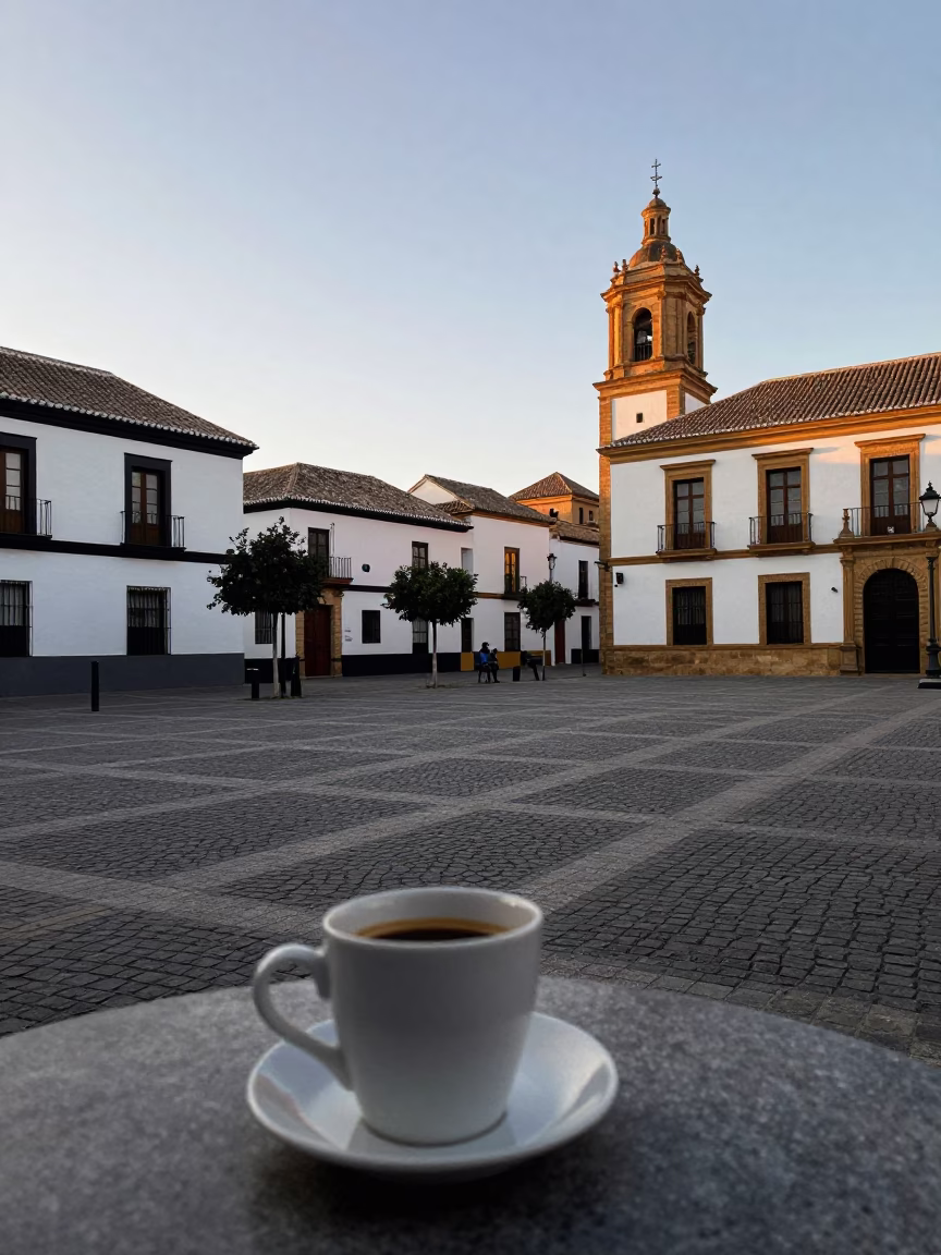 Early Morning Granada Spain Street Scene with Coffee Mug and Local Architecture in in Granada, Spain