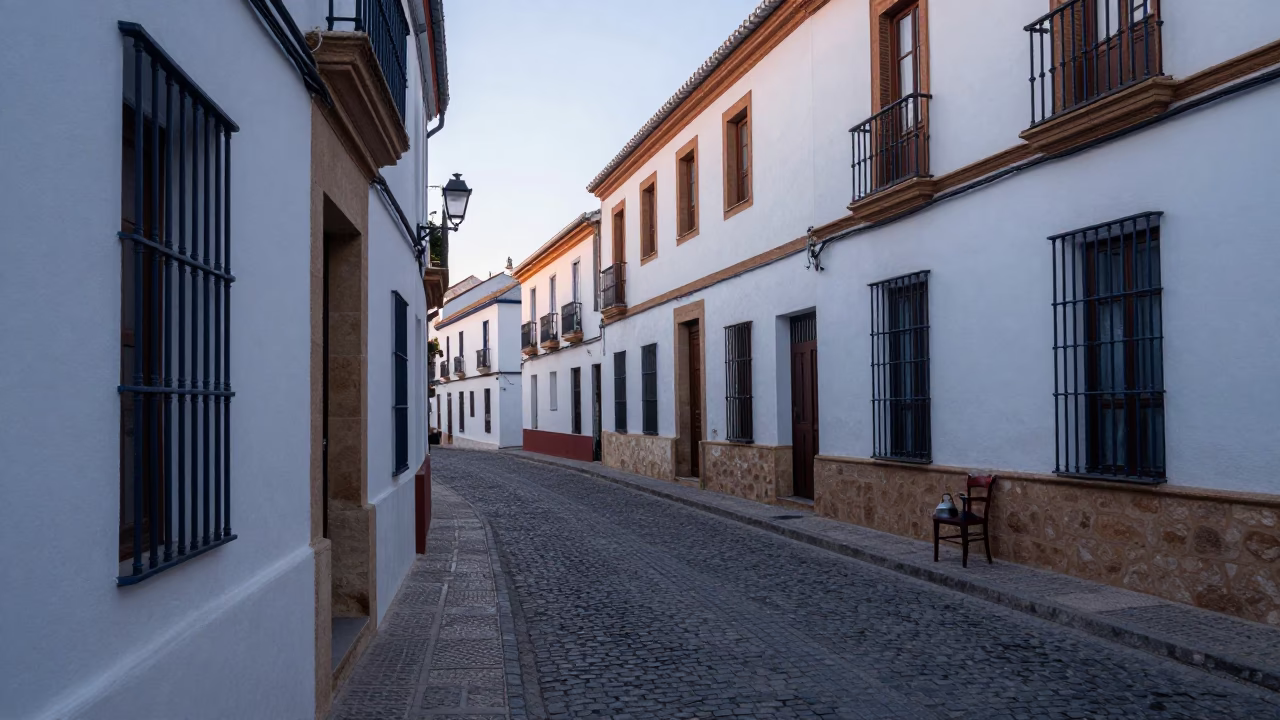 Early Morning Granada Spain Street Scene with Kettle and Chair Before Sunrise in in Granada, Spain