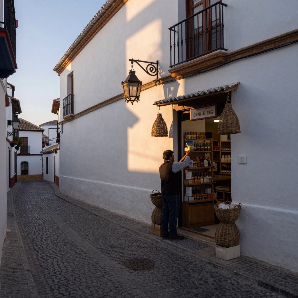 Early Morning Granada Spain Street Scene with Lantern and Wicker Shadow in in Granada, Spain