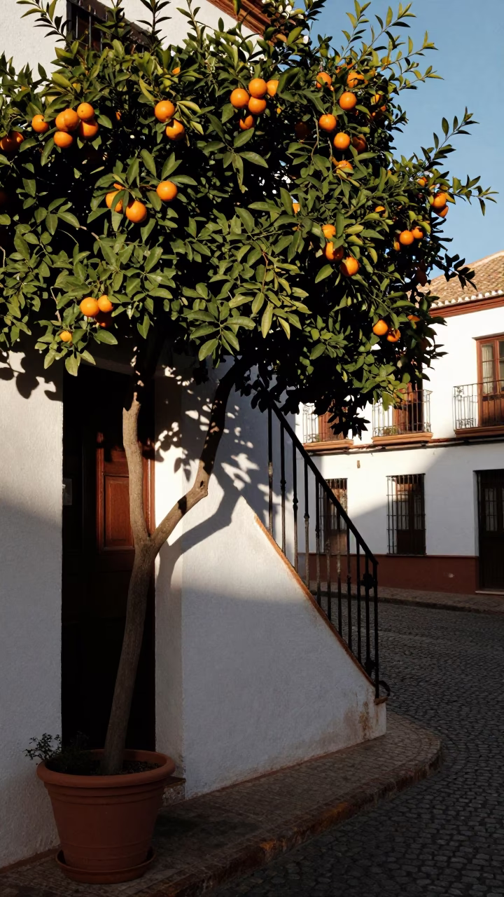 Early Morning Granada Spain Street Scene with Leaf Shadows and Stair Rail in in Granada, Spain