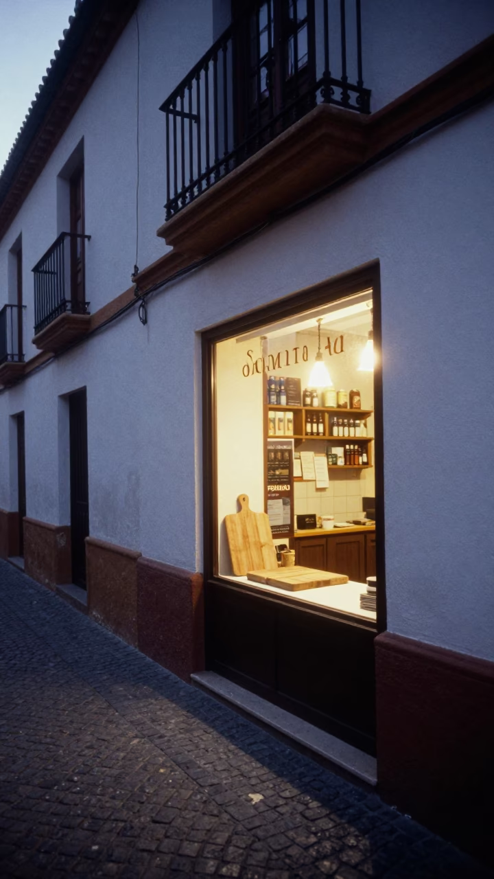 Early Morning Granada Spain Street Scene with Local Bakery Display and Heritage Architecture in in Granada, Spain