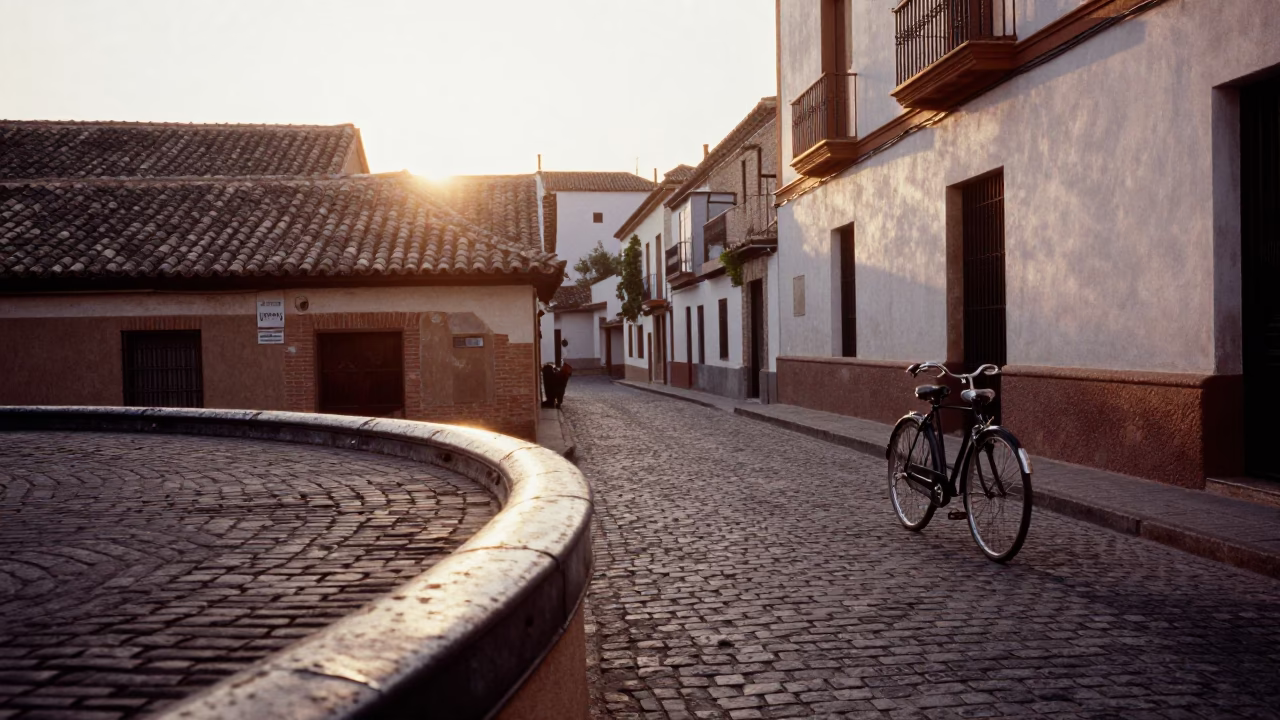 Early Morning Granada Spain Street Scene with Metal Rim and Sketchbook in in Granada, Spain