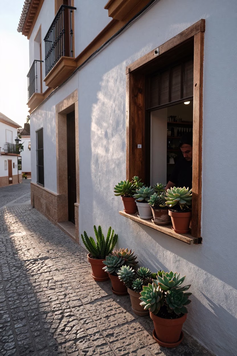 Early Morning Granada Spain Street Scene with Potted Succulents and Local Life in in Granada, Spain