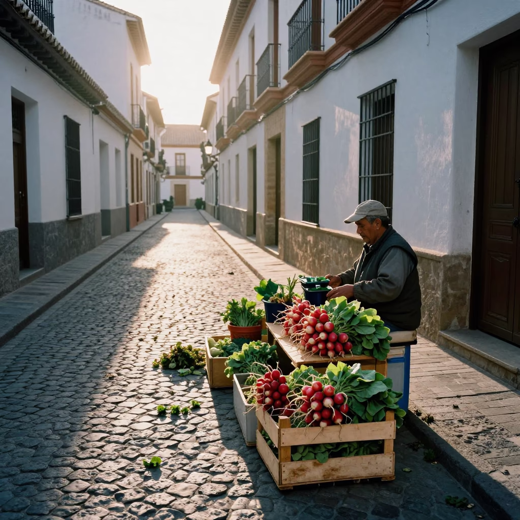 Early Morning Granada Spain Street Scene with Radishes and Garden Shears in Traditional Market in in Granada, Spain