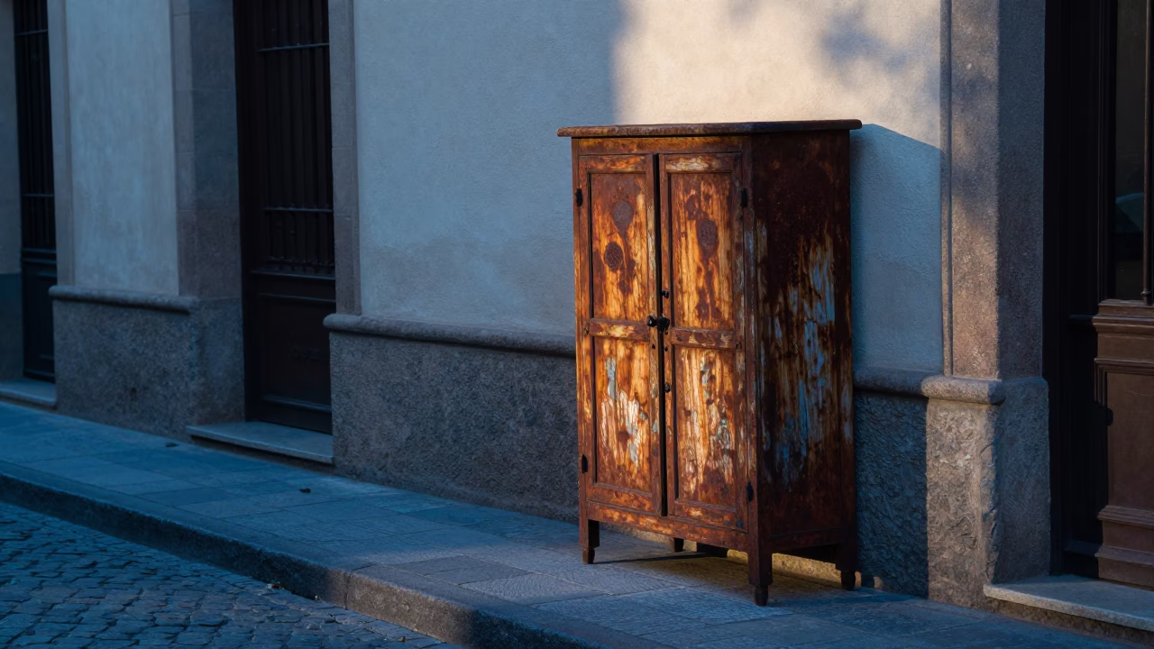 Early Morning Granada Spain Street Scene with Rusty Cabinet and Plate in in Granada, Spain
