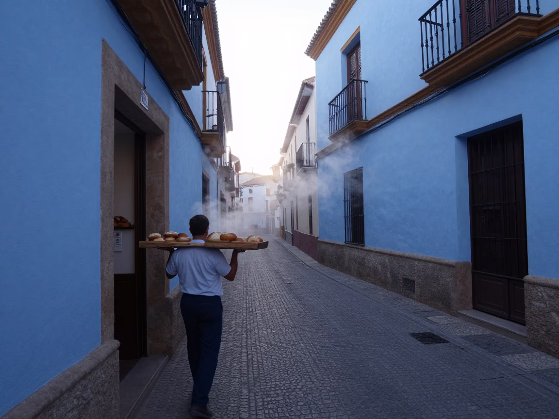 Early Morning Granada Spain Street Scene with Steam and Local Market Activity Before Sunrise in in Granada, Spain