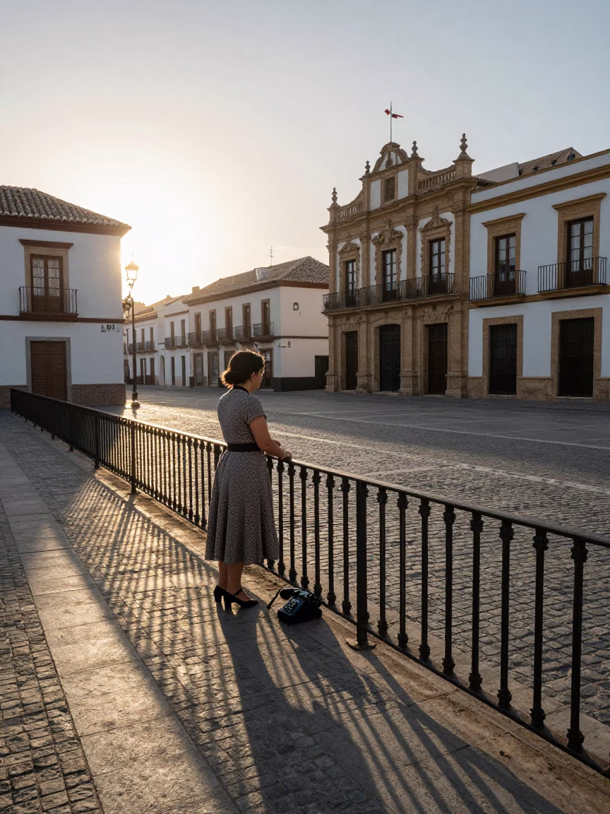 Early Morning Granada Spain Street Scene with Vintage Bakelite Telephone and Local Life in in Granada, Spain