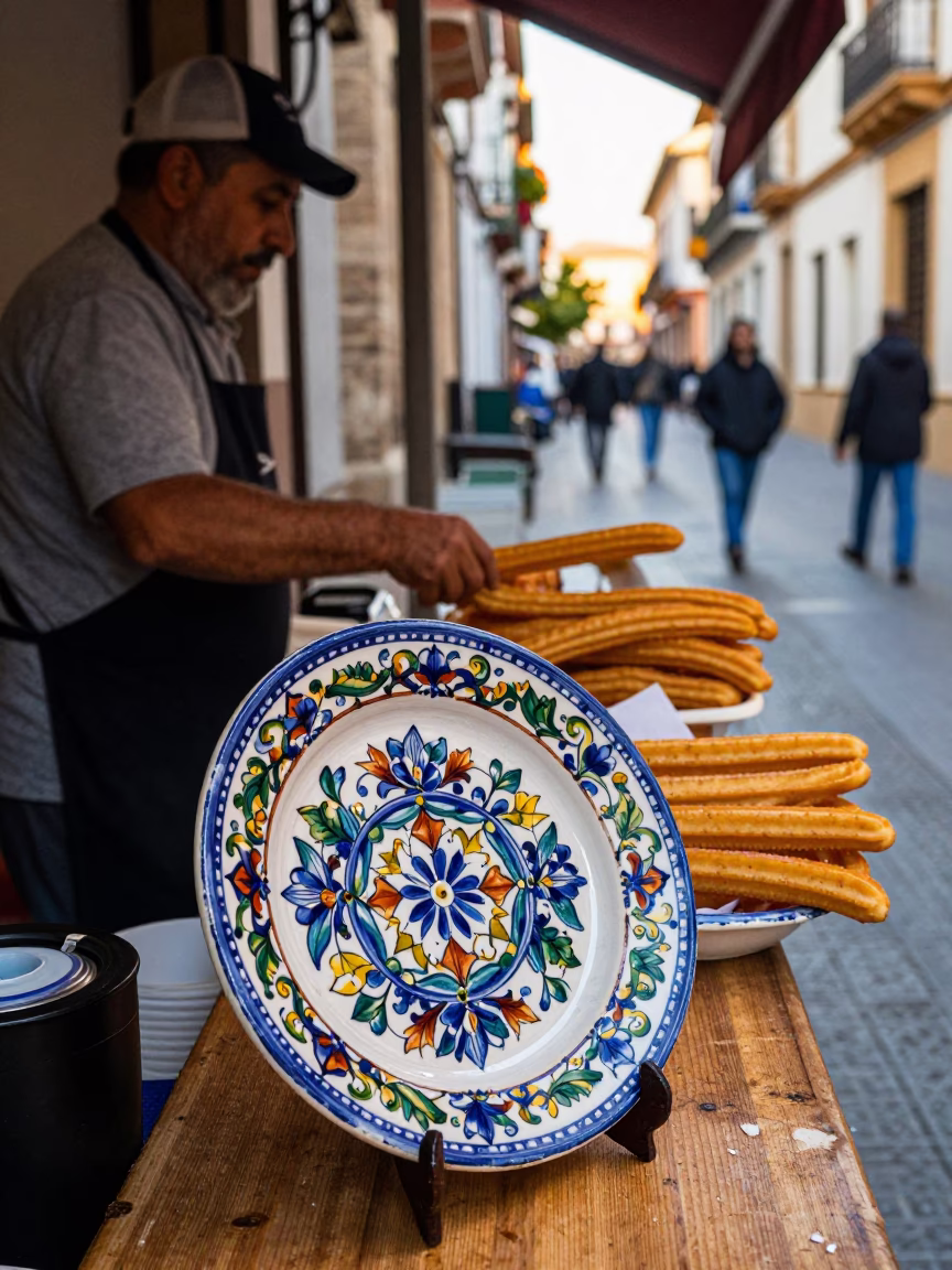 Early Morning Granada Spain Street Scene with Vintage Majolica Plate and Local Bakery Interaction in in Granada, Spain
