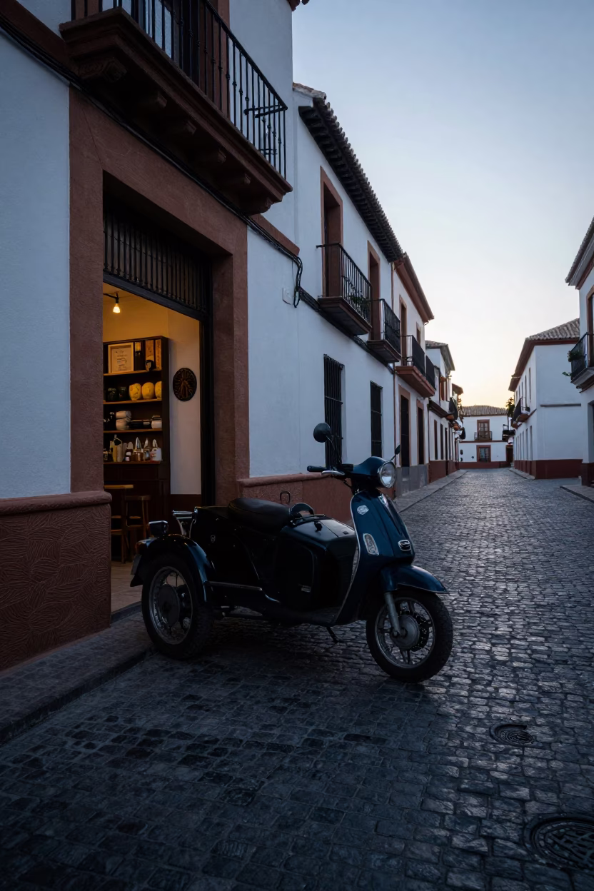 Early Morning Granada Spain Street Scene with Vintage Motorcycle and Local Bakery Activity in in Granada, Spain