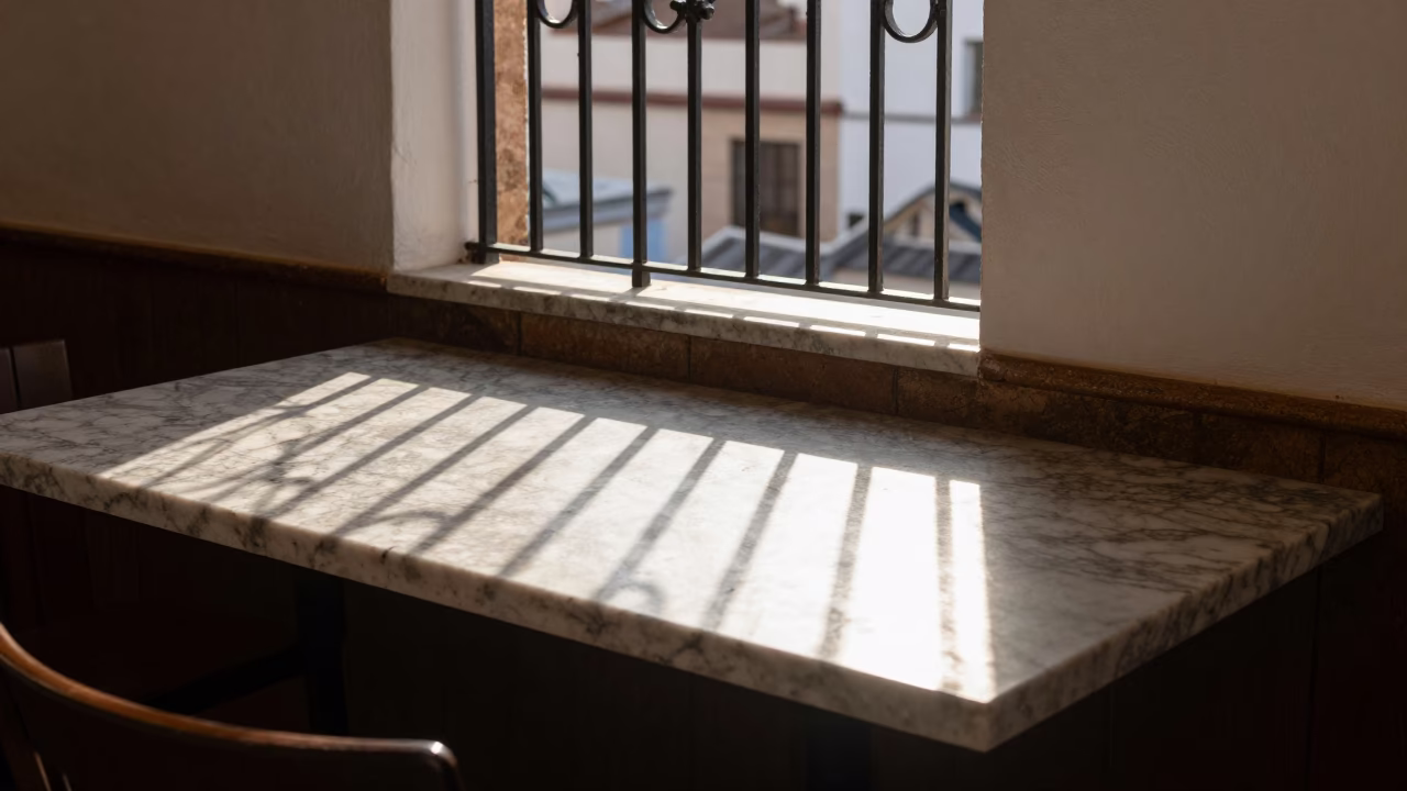 Early Morning Granada Spain Sun Stripe Countertop Local Cafe Scene in in Granada, Spain