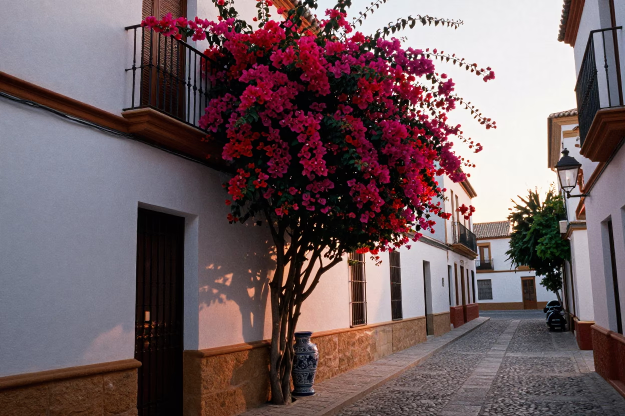Early morning Granada street scene with bougainvillea and ceramic details in in Granada, Spain