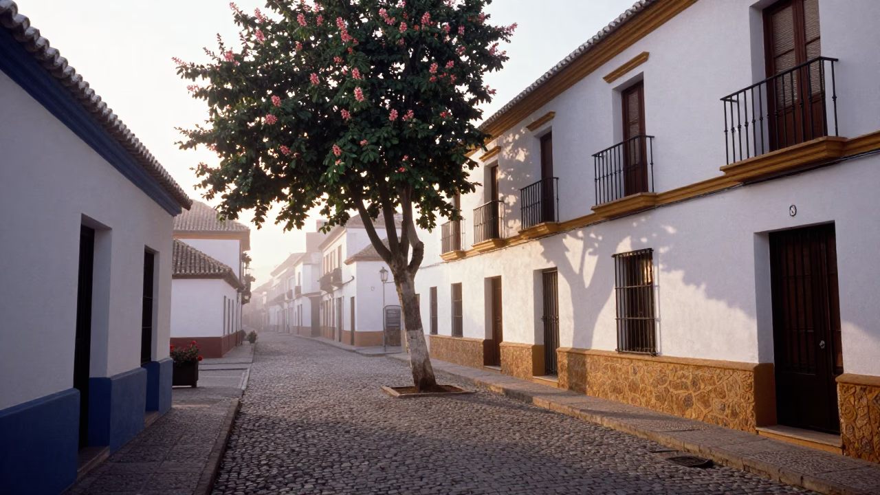 Early Morning Granada Street Scene with Chestnut Tree Husks and Local Market Activity in in Granada, Spain