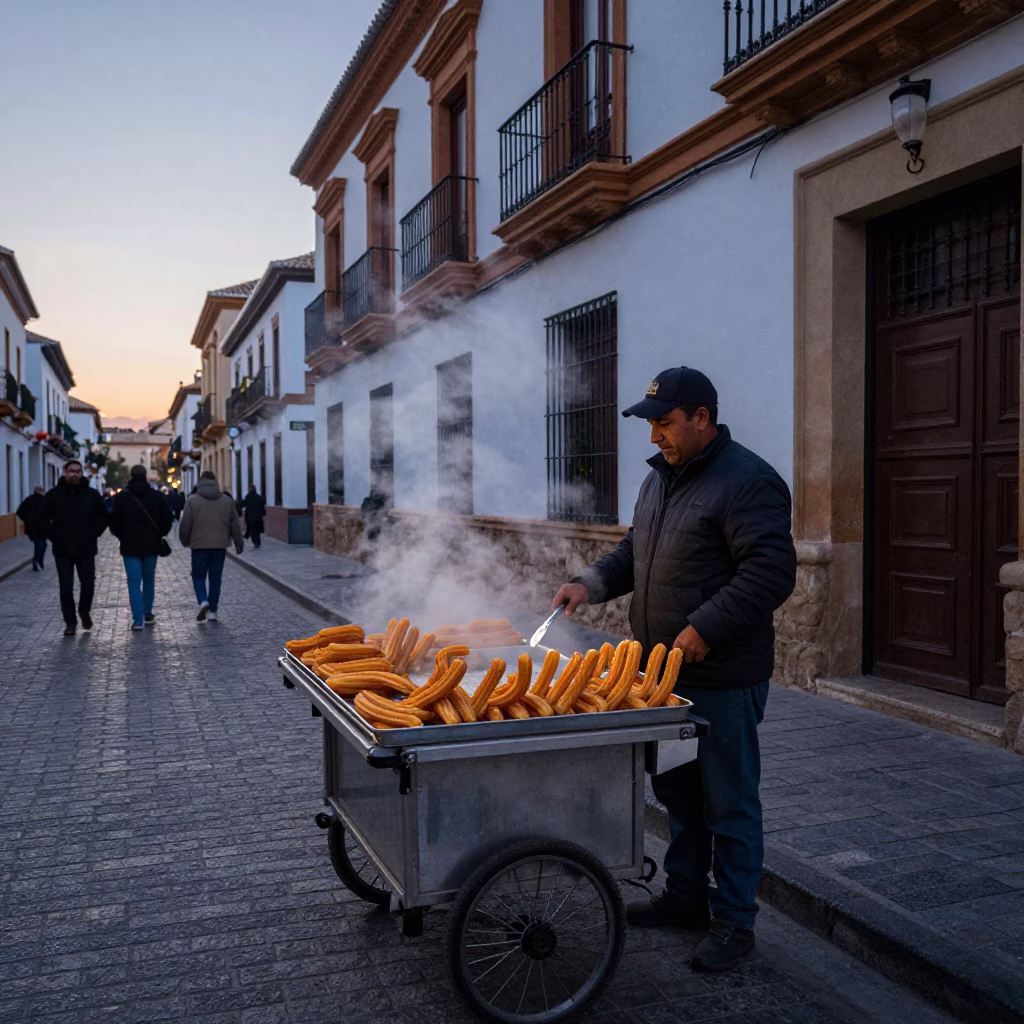 Early Morning Granada Street Scene with Churros and Dulce de Leche Before Sunrise in in Granada, Spain